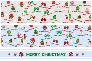 Seamless vector pattern with christmas symbols, muffins, balls, gifts and ribbons