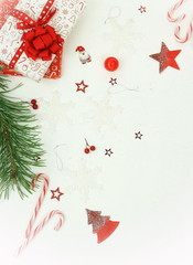 Christmas composition background from red Christmas decorations on white background.  Xmas  of New Year's Christmas balls. Creative Winter holiday concept.Flat lay. Top view. Copy space