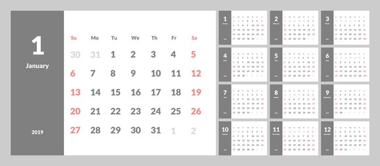 Vector of 2019 new year calendar in clean minimal table simple style. Eps 10