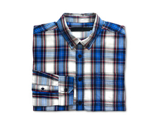 clipping path, top view of folded red and blue color long sleeve plaid shirt isolated on white background