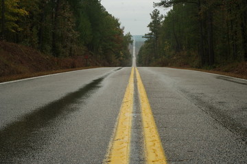 Deserted straight highway through fall trees in rain 2