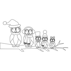 Owls family on the branch coloring page