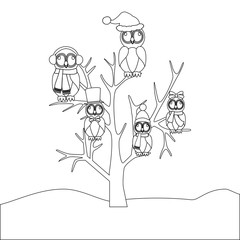 Fototapeta na wymiar Owls family on the tree coloring page