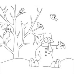 Fototapeta na wymiar Snowman with bird coloring page