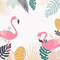 Tropical jungle leaves background with flamingos. Colorful tropical poster design. Exotic leaves, plants and branches art print. Flamingo bird wallpaper, fabric, textile vector illustration design
