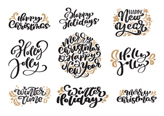 Set of Merry Christmas vintage calligraphy lettering vector text with winter drawing scandinavian design elements. For art design, mockup brochure style, booklet print flyer, poster