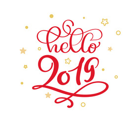Hello 2019 red Christmas vintage calligraphy lettering vector text with winter flourish calligraphic and gold scandinavian star elements. For art design, mockup brochure style
