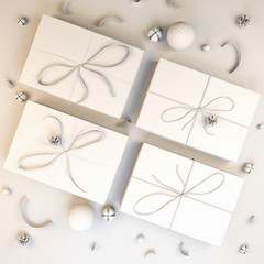 Christmas gifts in white colors. Beautiful Christmas boxes with gifts. 3D illustration.