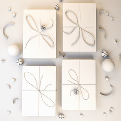 Christmas gifts in white colors. Beautiful Christmas boxes with gifts. 3D illustration.