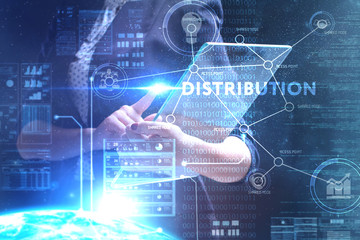 The concept of business, technology, the Internet and the network. A young entrepreneur working on a virtual screen of the future and sees the inscription: Distribution