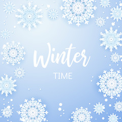 Fototapeta na wymiar Christmas background, white snowflakes on grey.Square frame with decoration. Winter template design for posters, flyers, brochures or vouchers. Vector illustration