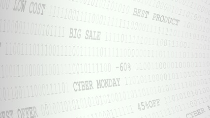 Cyber monday background of zeros, ones and inscriptions in white and gray colors