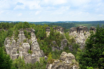 Rock formations of the Elbe sandstone mountains around the Bastei bridge in Saxony, Germany