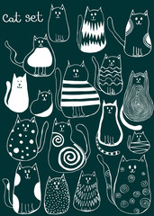 Set of cute doodle cats. Outline animal art.