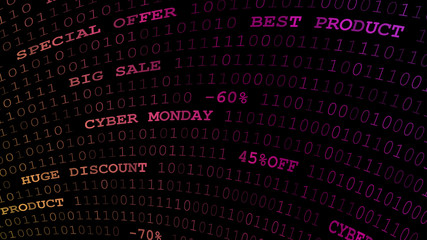 Cyber monday background of zeros, ones and inscriptions in dark purple colors