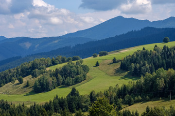 Fototapeta na wymiar western carpathian Tatra mountain skyline with green fields and forests in foreground