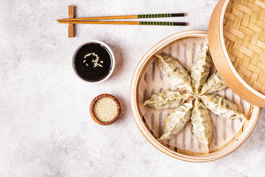 Asian Dumplings, Soy Sauce, Chopsticks, Top View