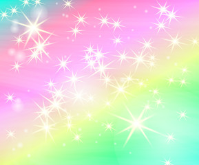 Glitter star rainbow background. Starry sky in pastel color. Bright mermaid pattern.Vector illustration. Unicorn colorful stars backdrop.
