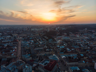 beauty sunset over old european city. birds eye view