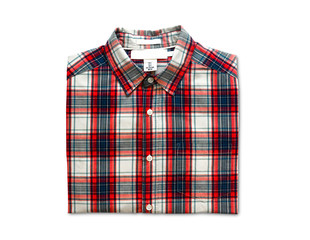 clipping path, top view of folded red and blue color long sleeve plaid shirt isolated on white background