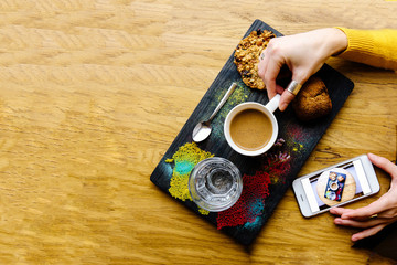 Colorful and tasty breakfast ingredients on white table