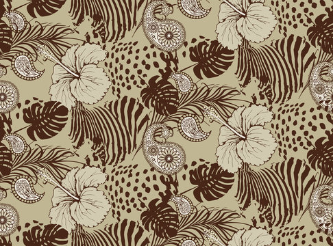 
Pattern of hibiscus, zebra, leopardand and paisley. Suitable for fabric, wrapping paper and the like. Vector illustration