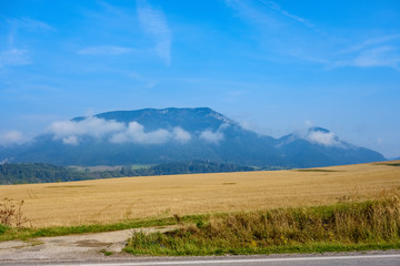 western carpathian Tatra mountain skyline with green fields and forests in foreground