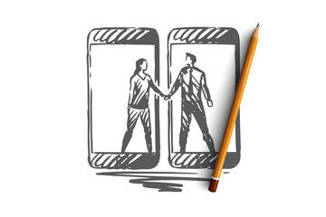 Friends, mobile, network, connection, gadget concept. Hand drawn isolated vector.