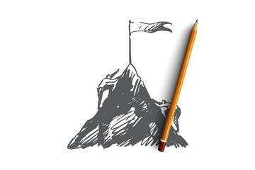 Goals, mountain, challenge, business, peak concept. Hand drawn isolated vector.