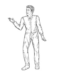 Showman. Portrait full length. Smiling young male entertainer, presenter or actor. Black and white vector illustration