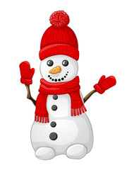 Snowman with red hat, scraf and glove isolated on white