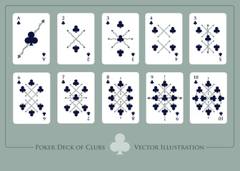 Deck of clubs. From Ace to ten of clubs. Rods surrounded by stems of trees.