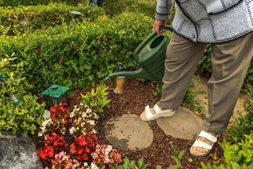 An old woman uses a watering can to water the flowers on the grave of her deceased husband....