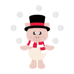 winter cartoon pig with scarf in hat and snowball