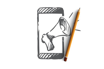 Promotion, mobile phone, advertising, speaker concept. Hand drawn isolated vector.