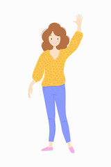 Woman in a yellow sweater is smiling and waving. Vector illustration.