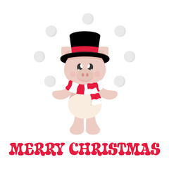 winter cartoon pig with scarf in hat and snowball and christmas text