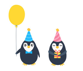 Two cartoon penguin. Twins birthday funny illustration. Party animal with gift and ballon. EPS 10