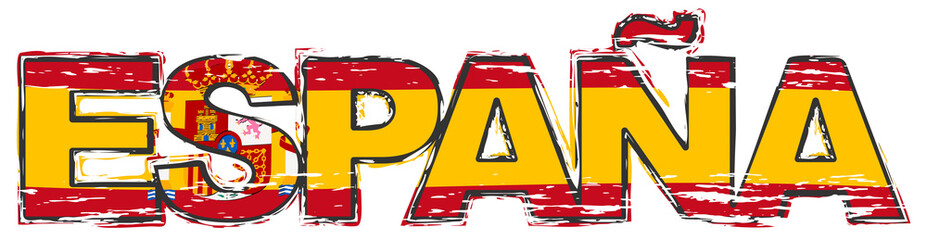 Word ESPANA (Spanish translation of SPAIN) with national flag under it, distressed grunge look.