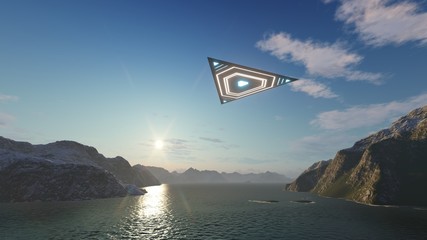 3D triangular ufo hung in the sky in the evening © kolbass