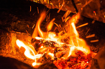 Close up on fire in the night