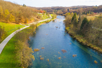 Fototapeta na wymiar Croatia, Dobra river valley from air, panoramic view of beautiful countryside 