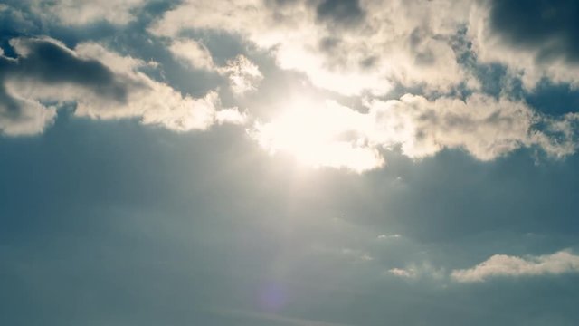 Amazing time-lapse of blue sky with white clouds and shining sun. Quickened motion of heaven vapor on bright space. Abstract natural background with tranquil effect. 
