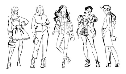 Vector fashion illustration of modern young girl models in spring autumn cloth collection isolated on white background. Hand drawn lady in sketch style. Perfect for banners, advertising, flayers etc.