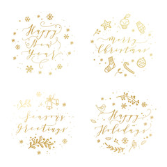 Christmas and Happy New Year wishes for labels, emblems, logo, text, greeting cards set. Vector winter holidays backgrounds with hand lettering calligraphy