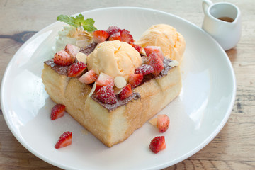 Toast Bread Pudding with ice cream and strawberry