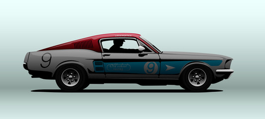Classic muscle car in racing colors. Vector illustration. Side view with perspective.