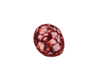 Sliced piece of smoked salami sausage isolated on a white background