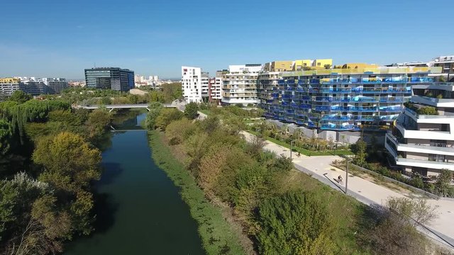 Port Marianne neighbourhood aerial view. River le lez Montpellier urban luxury 