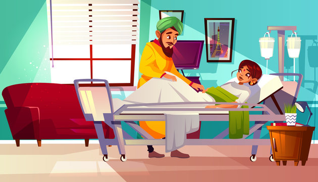 Hospital ward vector illustration of Indian woman patient lying on medical couch and visitor man. Cartoon interior background with intensive care unit and furniture